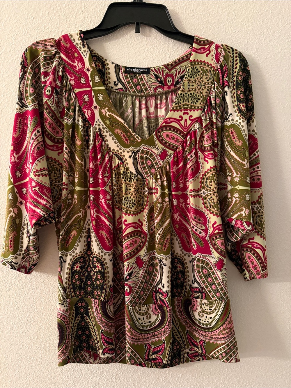 Chico's Berry and Olive Paisley V-Neck Blouse